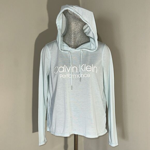 Calvin Klein Performance Wick sz S Women’s Blue Long Sleeve Hooded Tshirt hi-low - Picture 2 of 10